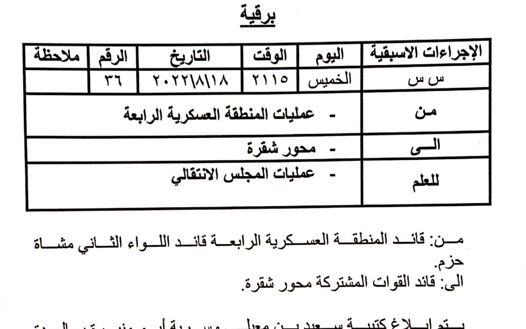 أوامر عسكرية عليا تقضي بانسحاب كتيبة بن معيلي من شقرة وعودتها من حيث أتت