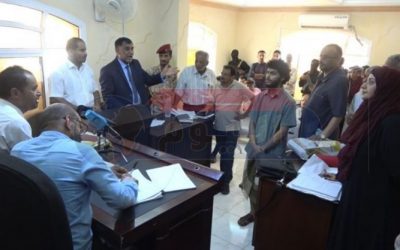 المحكمة الجزائية عدن  تعقد جلستها الثانيه  لمحاكمة المتهمين في قضيتي استهداف موكب المحافظ لملس ومطار عدن الدولي