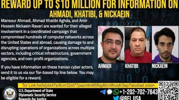 واشنطن ترصد 10ملايين دولار لمن يرشدها إلى ثلاثة قراصنة انترنت ايرانيين