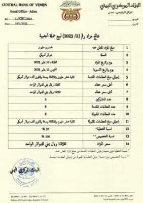البنك المركزي اليمني يعلن عن نتائج المزاد رقم (2-2023) لبيع عملة أجنبية