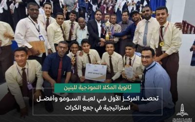 ثانوية المكلا النموذجية للبنين تحصد المركز الأول في لعبة السومو وأفضل استراتيجية في جمع الكرات