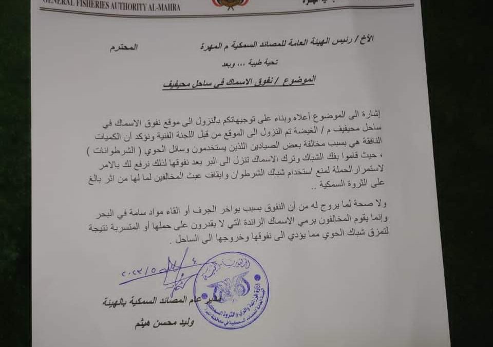 المصائد السمكية بالمهرة تؤكد أن نفوق الأسماك بسبب استخدام الشرطوانات
