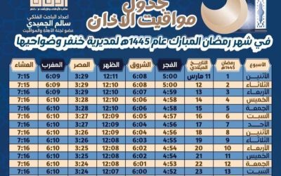 مكتب الأوقاف والإرشاد خنفر ينشر جدول مواقيت الأذان  لشهر رمضان مبارك 1445هجرية”