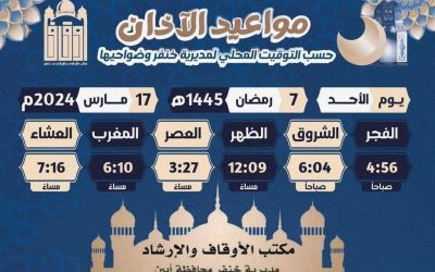 توقيت الإمساكية والافطار في مديرية خنفر يوم الأحد 7رمضان