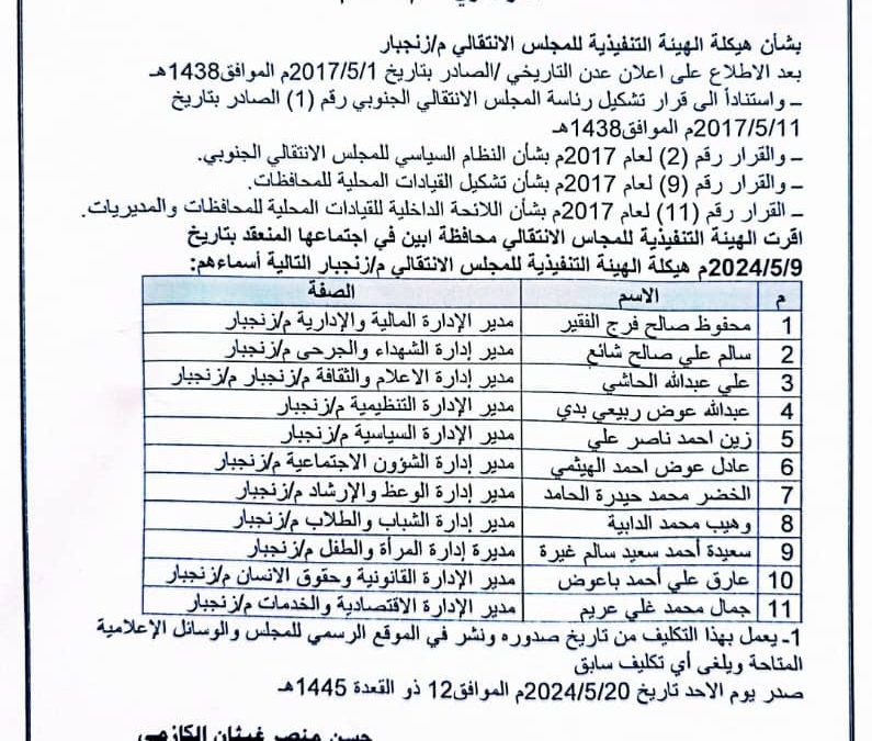 رئيس انتقالي أبين يصدر أمرا إدارياً بهيكلة الهيئة التنفيذية بانتقالي زنجبار ( اسماء )