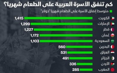 موقع اليمن في متوسط انفاق الأسرة العربية في الشهر بالدولار الامريكي