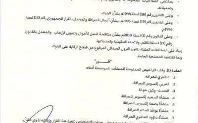 عاجل / محافظ البنك المركزي يصدر قرار بإيقاف تراخيص 7 شركات صرافة (وثيقة)