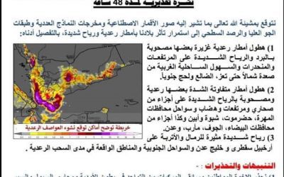 المركز الوطني للأرصاد والإنذار المبكر يتوقع استمرار هطول الامطار الغزيرة المصحوبة بالعواصف الرعدية على عدد من المحافظات