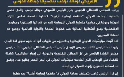 إنفوجرافيك : بيان صادر عن المجلس الإنتقالي الجنوبي: المجلس الإنتقالي الجنوبي يرحب بقرار الرئيس الأمريكي دونالد ترامب بتصنيف جماعة الحوثي “منظمة إرهابية أجنبية”