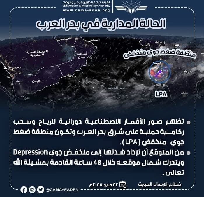 الأرصاد الجوية: ضغط جوي منخفض في بحر العرب خلال الـ48 ساعة القادمة