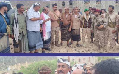 بتوجيهات من قائد الوية الدعم والاسناد العميد نصر اليافعي.. تدخل قوة من اللواء الاول دعم واسناد لفض الاشتباك بين قبيلتين  متحاربتين في مديرية المحفد بمحافظة ابين