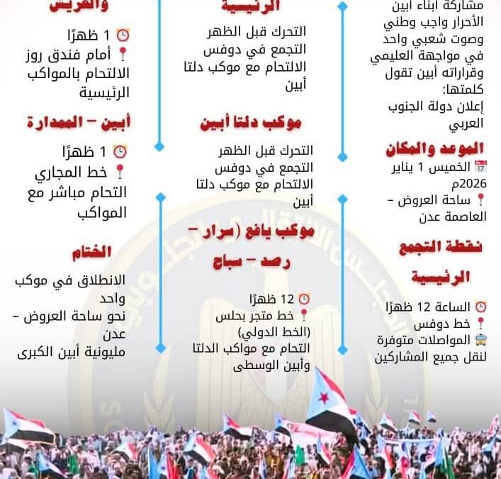 غدًا.. أبين تستعد لزحف مليوني إلى العاصمة عدن للمطالبة بإعلان دولة الجنوب العربي