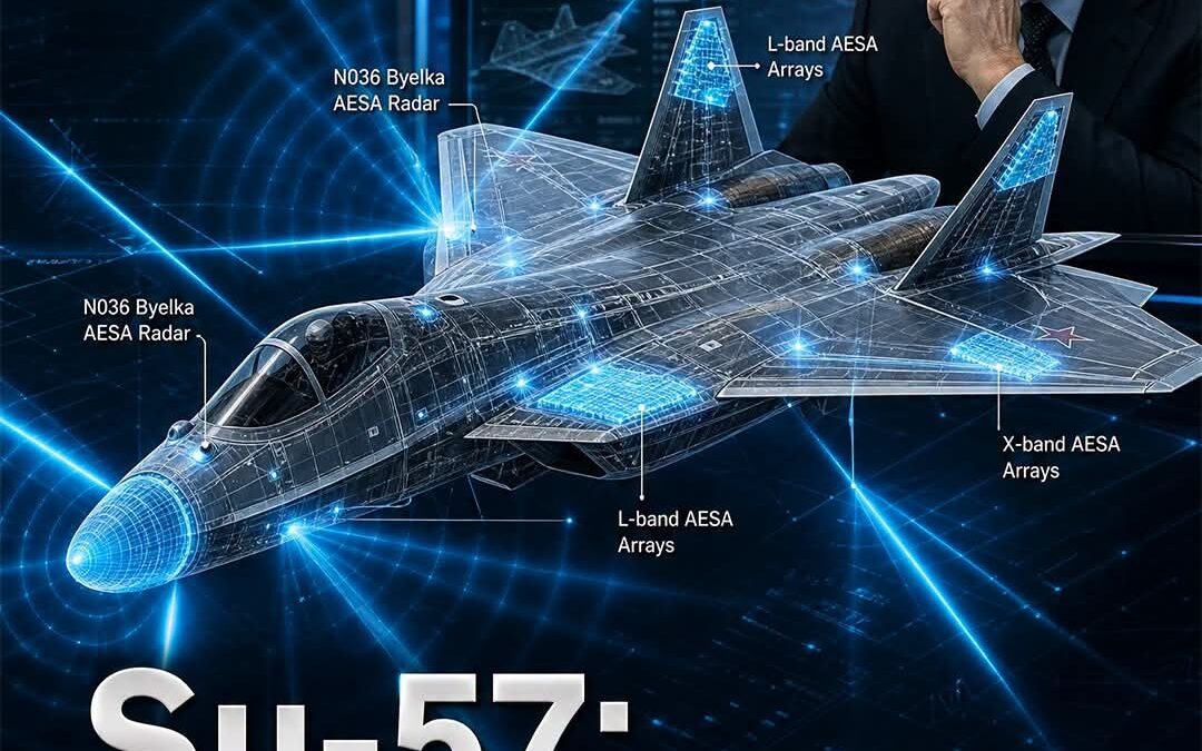 طائرة🇷🇺 Su-57 الروسية: شبكة رادارات AESA تمنحها عيناً إلكترونية متعددة الاتجاهات.. بوتين يراقب السماء!